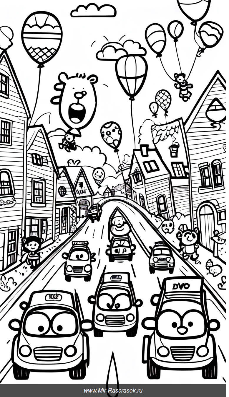 Раскраска с гонками маленьких машинок в весёлом городе с животными и воздушными шарами