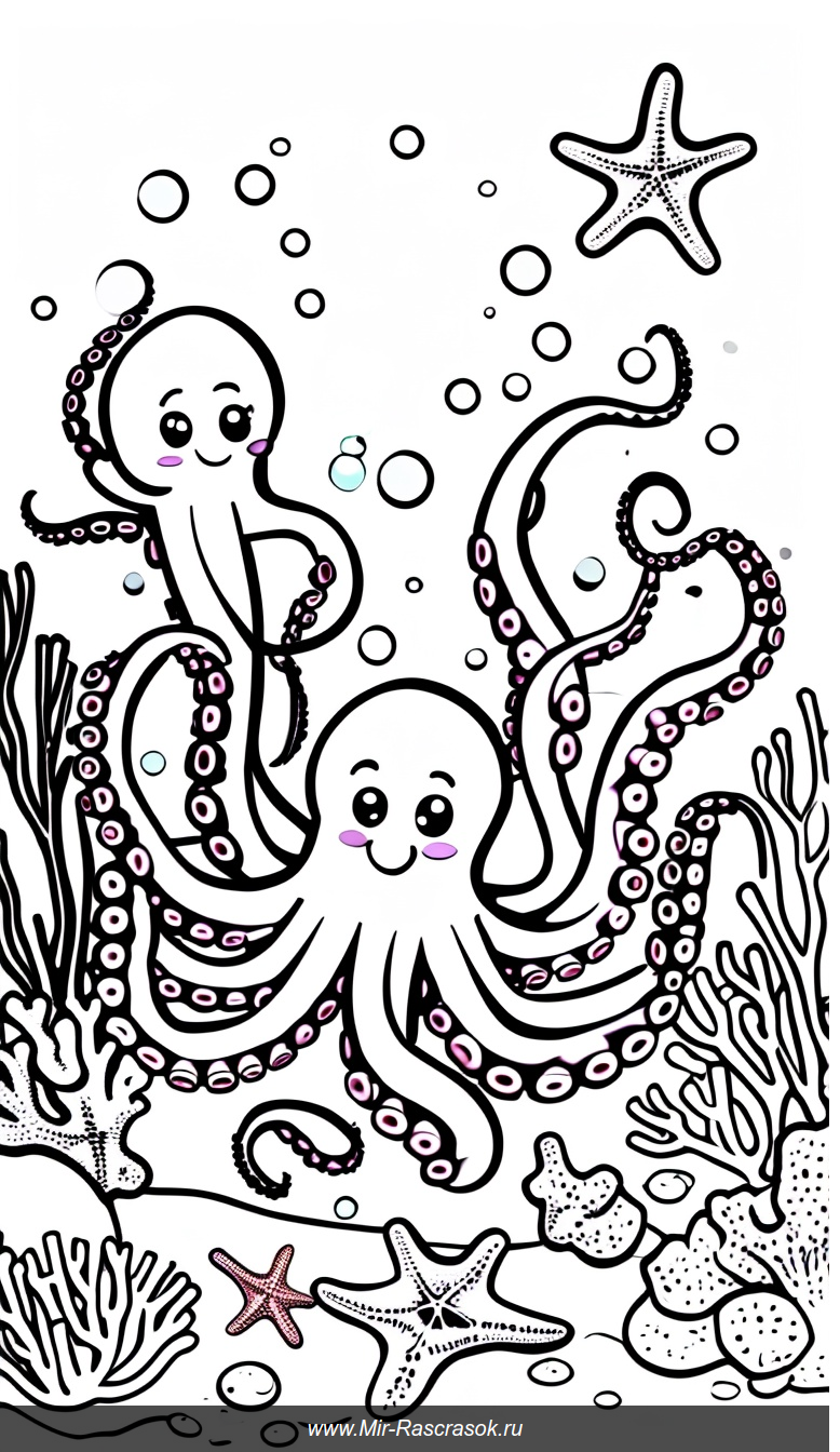 Раскраска с тремя веселыми осьминогами под морской водой