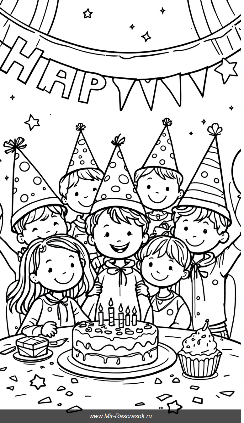 Весёлая детская раскраска с праздником дня рождения и улыбками