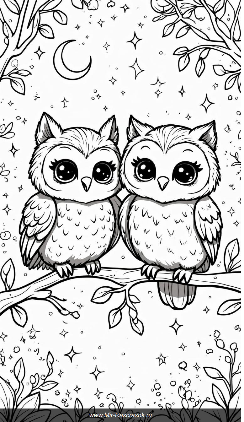 Раскраска очаровательных сов на ветке под луной
