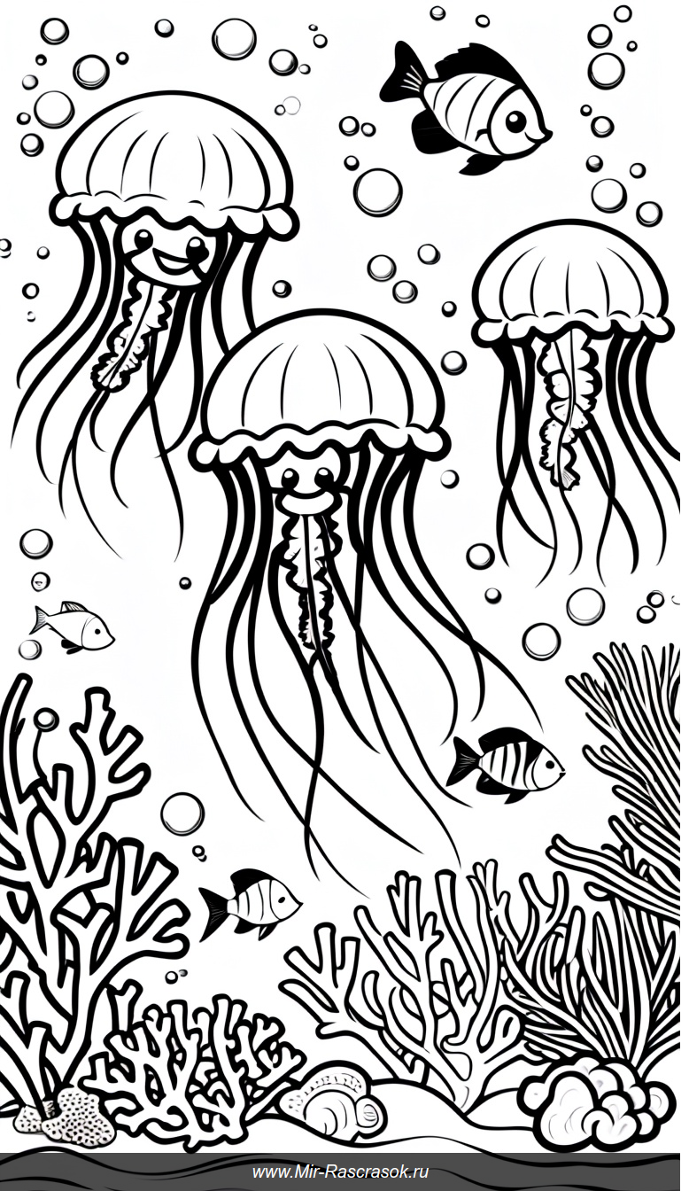Раскраска с веселой подводной сценой радостные медузы среди кораллов и рыбок