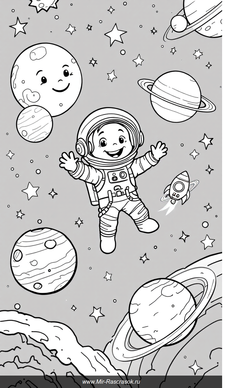 Весёлый астронавт и улыбчивая луна в раскраске для детей