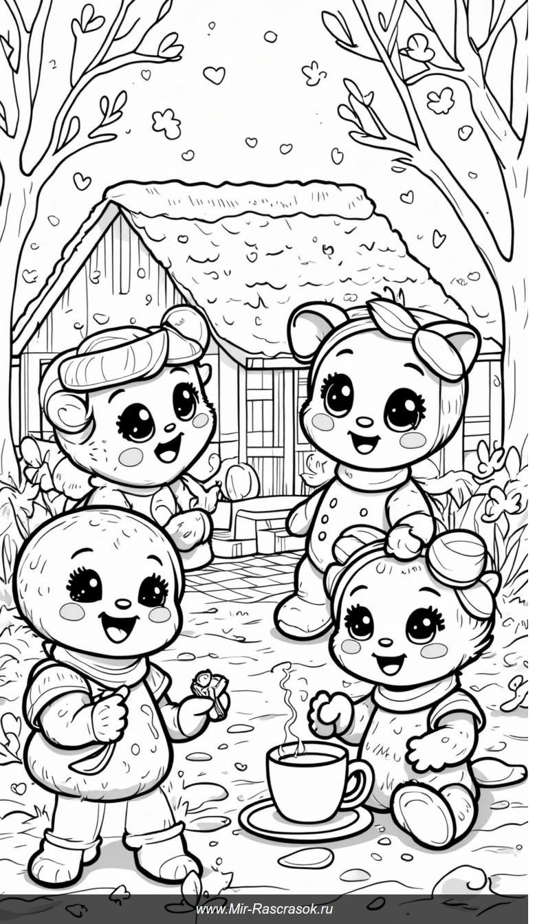 Зимняя сказка с пряничными друзьями в раскраске