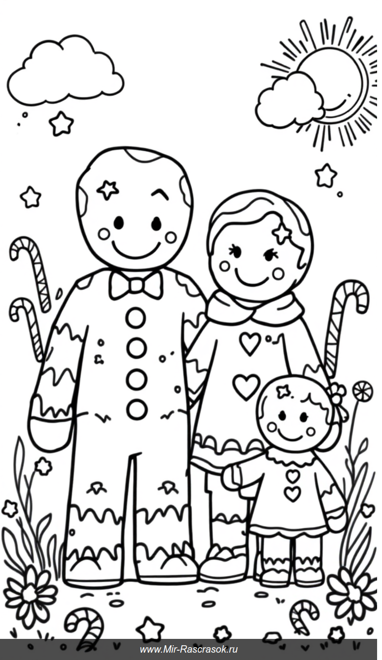 Веселая семья пряничных человечков для легкого раскрашивания детям