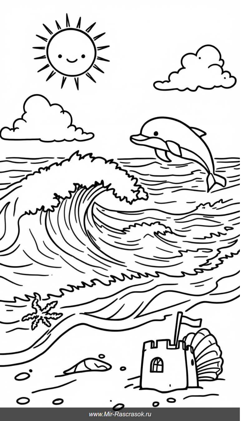 Весёлый пляж для раскрашивания с дельфином и солнечным настроением