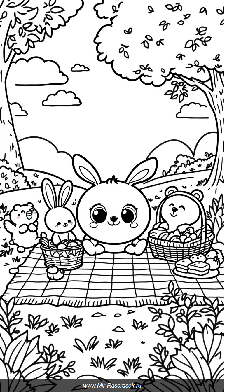 Весёлый пикник Лабубу и друзей в раскраске для малышей