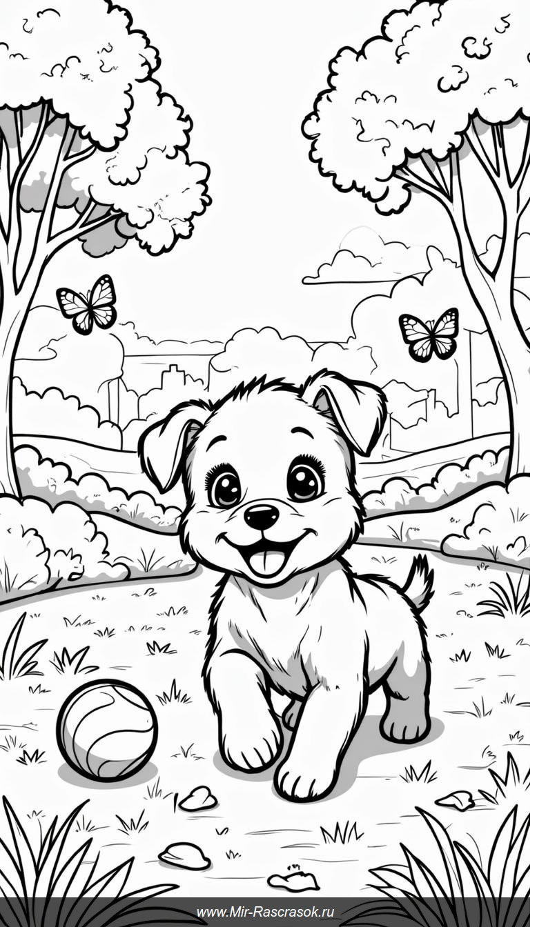 Раскраска для детей с весёлым щенком в парке