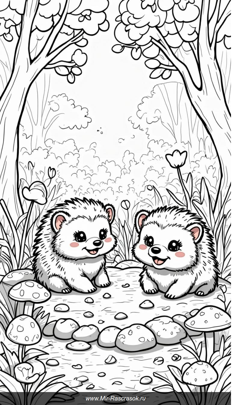 Раскраска для душевного отдыха с ежиками в волшебном лесу