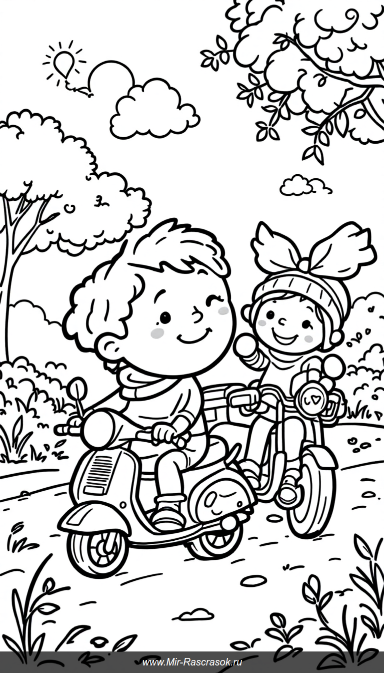 Веселая прогулка: раскраска с детьми, скутером и собакой в парке