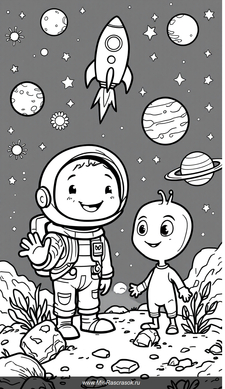 Приключения на Луне Раскраска с астронавтом и милым инопланетянином