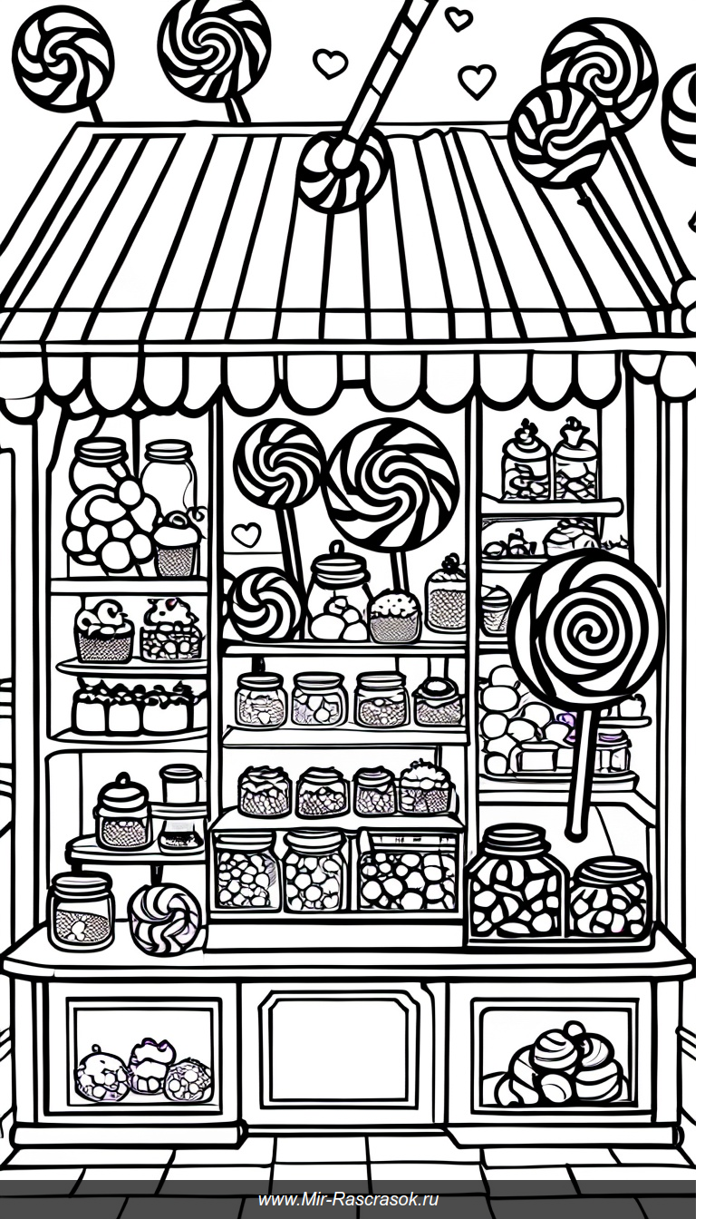 Сказочный магазин сладостей в раскраске с большими леденцами и радостными детьми
