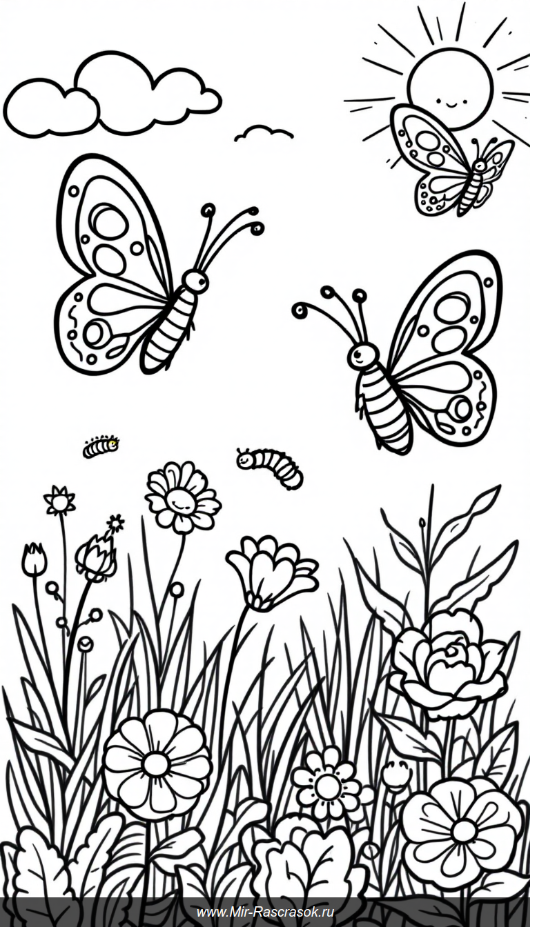 Раскраска для детей с бабочками и солнечным садом