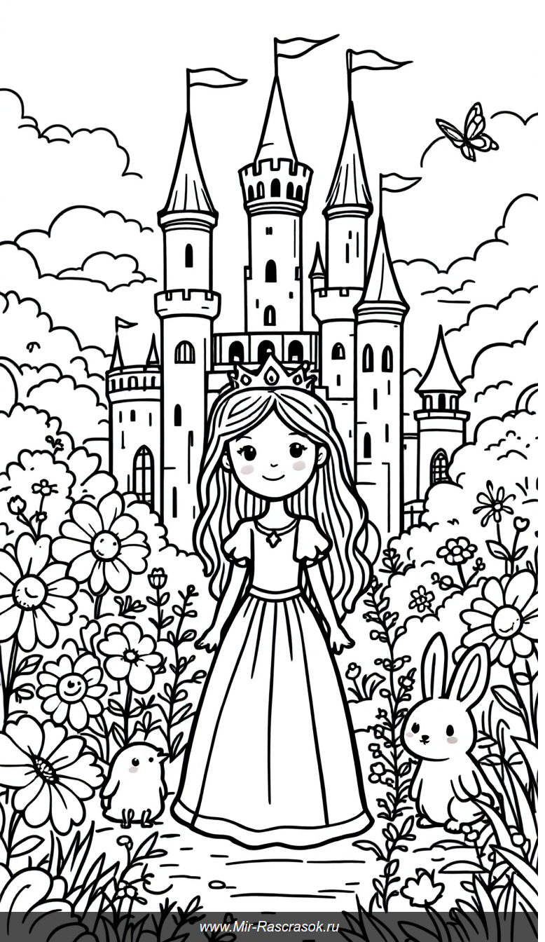 Раскраска с веселой принцессой у замка и дружелюбными животными в саду