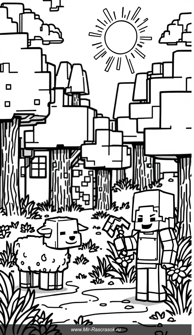 Раскраска Майкрафт для детей Простая и веселая игровая сцена