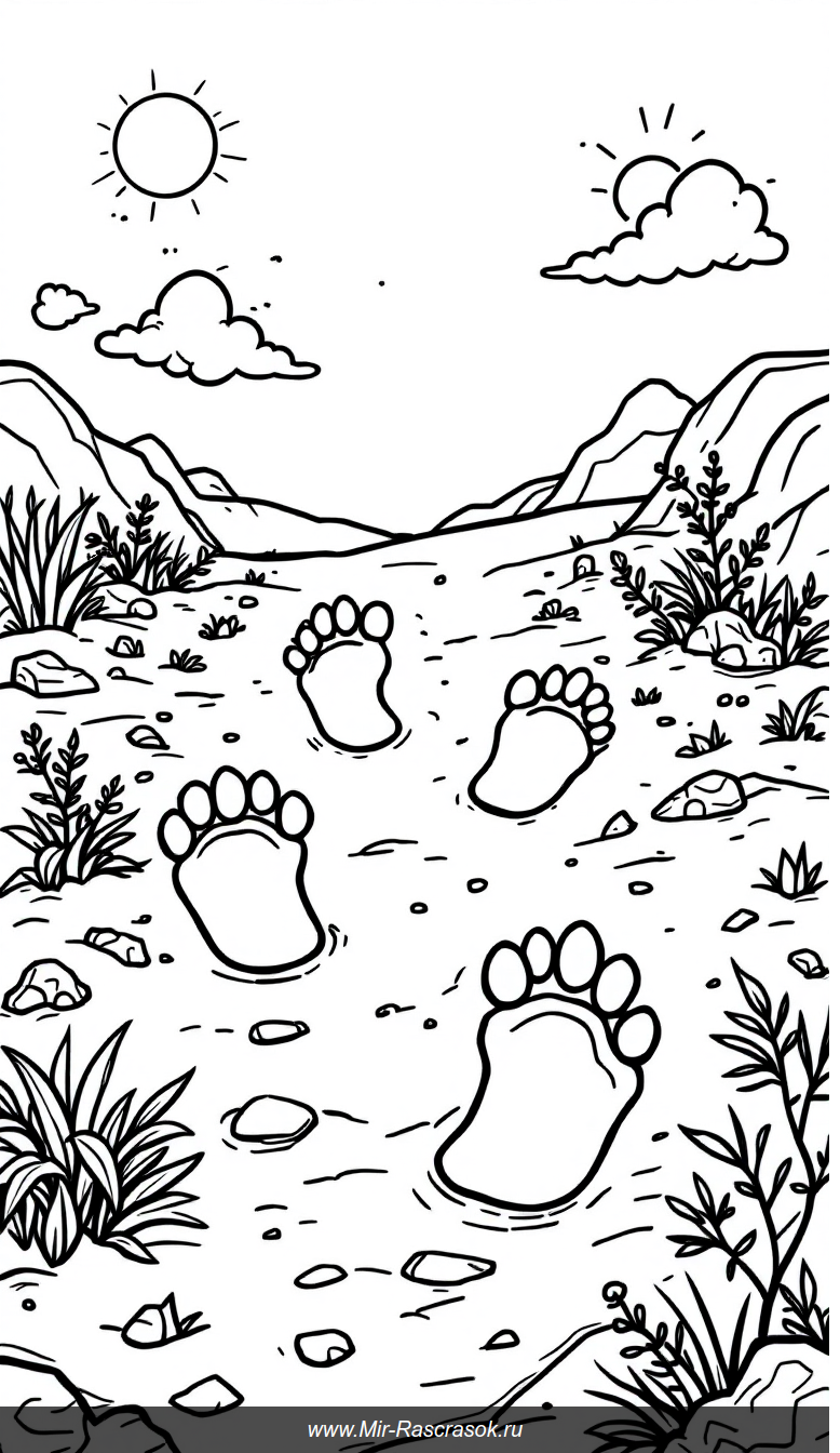 Большие следы динозавров на солнечной тропинке для раскрашивания