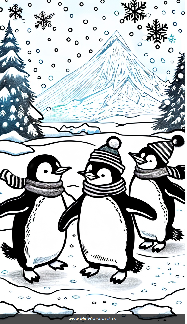 Весёлые пингвины танцуют на льду в зимней раскраске