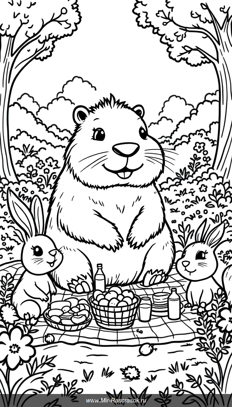Погрузитесь в удивительный мир пикника с капибарой и ее друзьями 🐾🍉🐇 Это забавное черно-белое изображение идеально подходит для детской раскраски и развивает творчество вашего ребенка 🌈 Возьмите карандаши и раскрасьте дружескую встречу в парке с фруктами и улыбками 🍓🍪 Станьте частью веселого приключения уже сегодня!