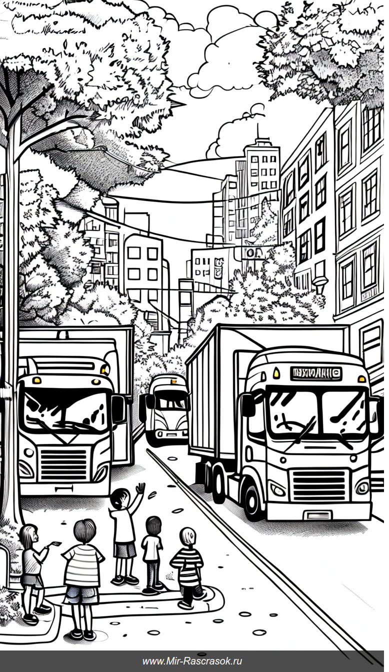 Раскраска городской улицы с детским остановочным пунктом и машинами