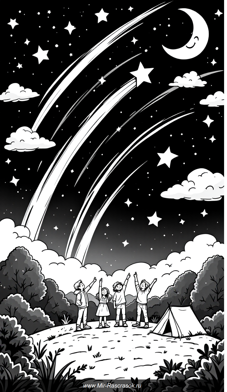 Звездный дождь и счастливые дети на ночном холме для раскрашивания