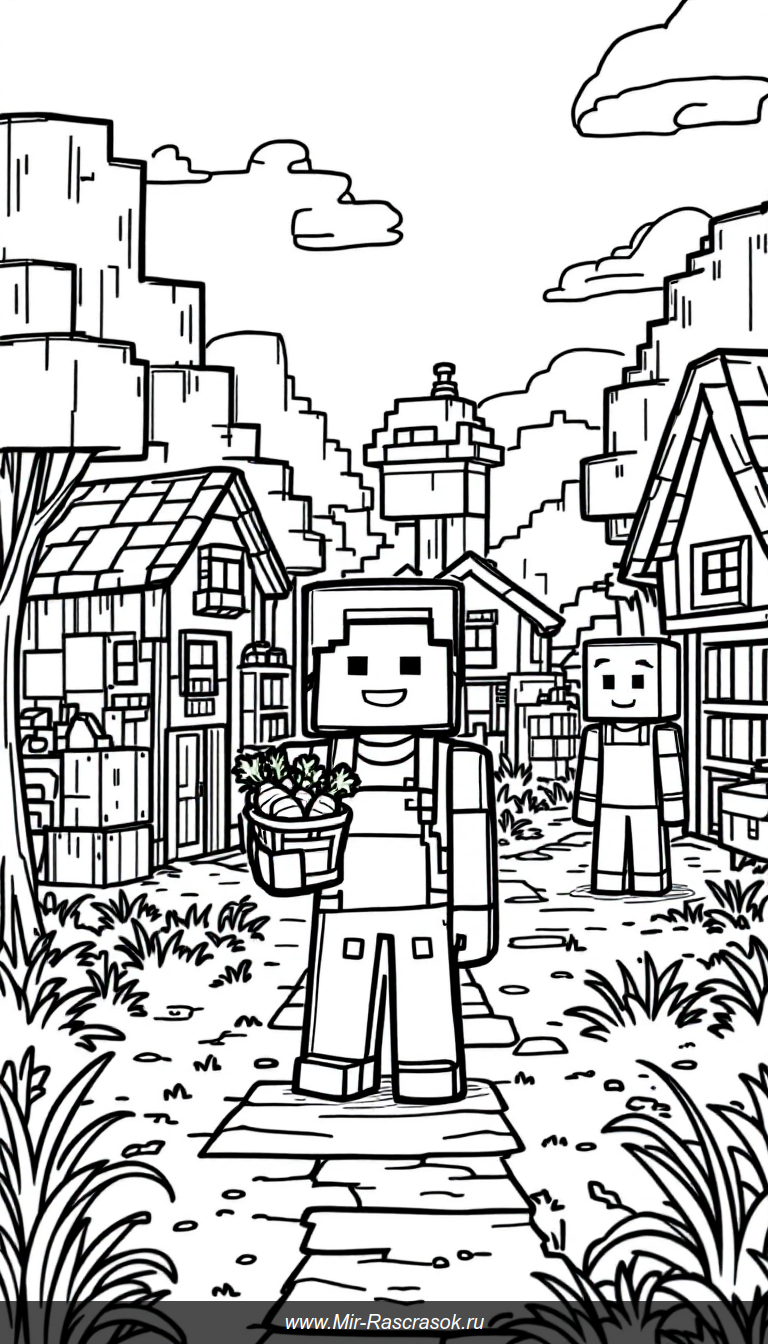 Мирная деревня в Майнкрафт для раскраски с дружелюбными жителями