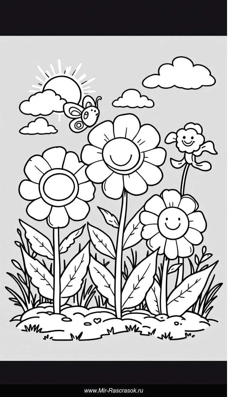 Веселый сад для раскрашивания простые цветы и улыбчивое солнце