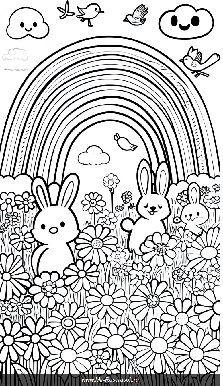 Раскраска с веселой сценой радуги и улыбающихся цветов для детей