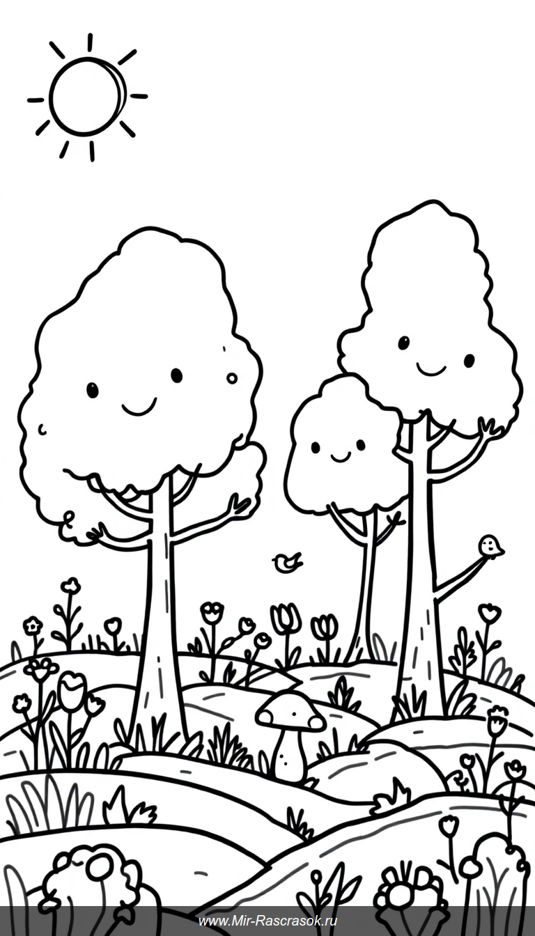Дружелюбные деревья в раскрасках для детей