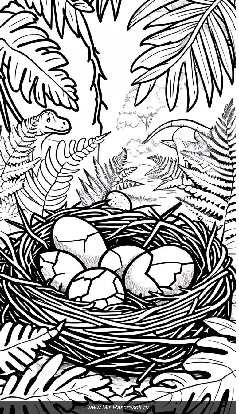 Раскраска с доисторической сценой гнезда динозавров и малышей среди папоротников
