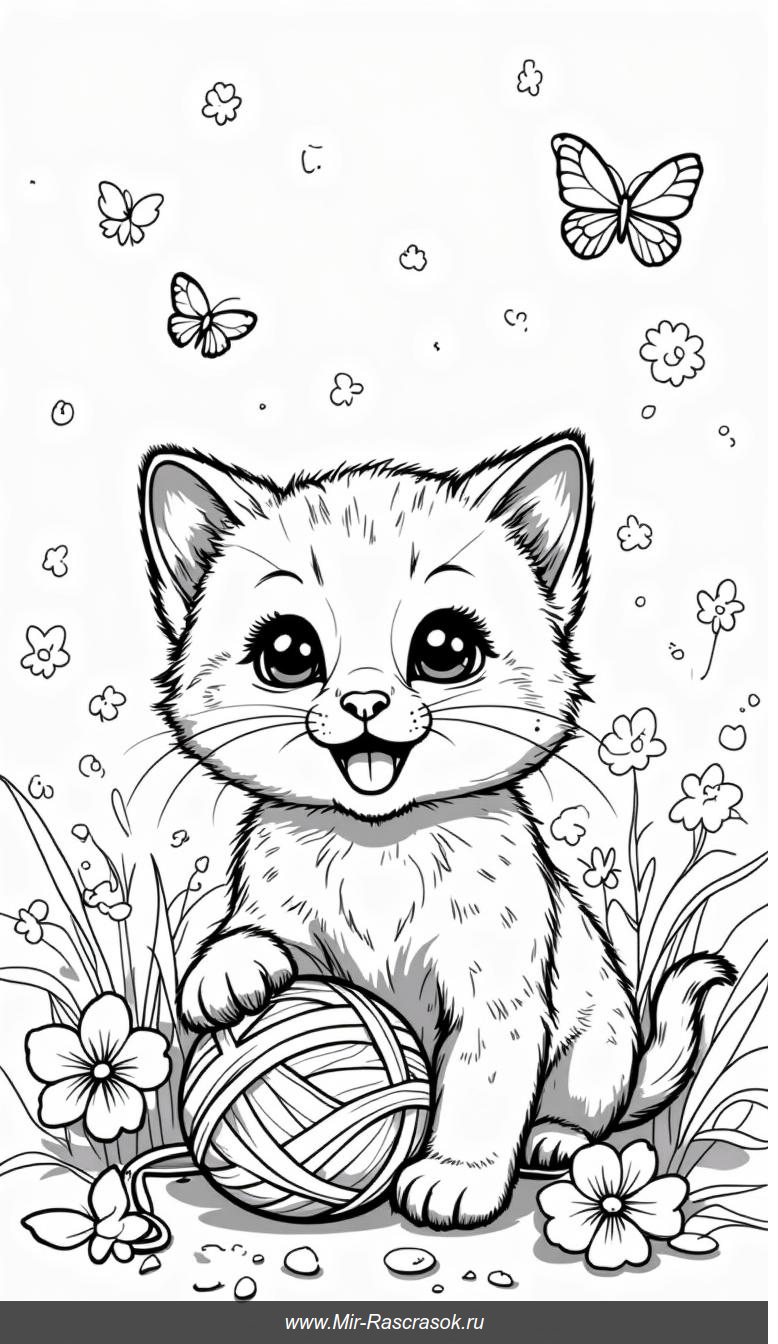 Игривый котенок с клубком среди бабочек и цветов