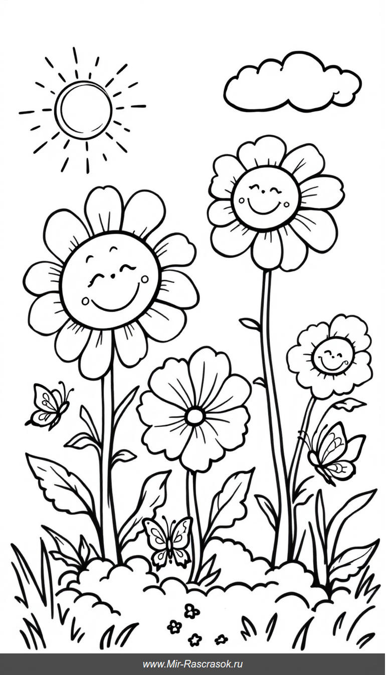 Весёлый солнечный сад с простыми цветами для раскрашивания малышам