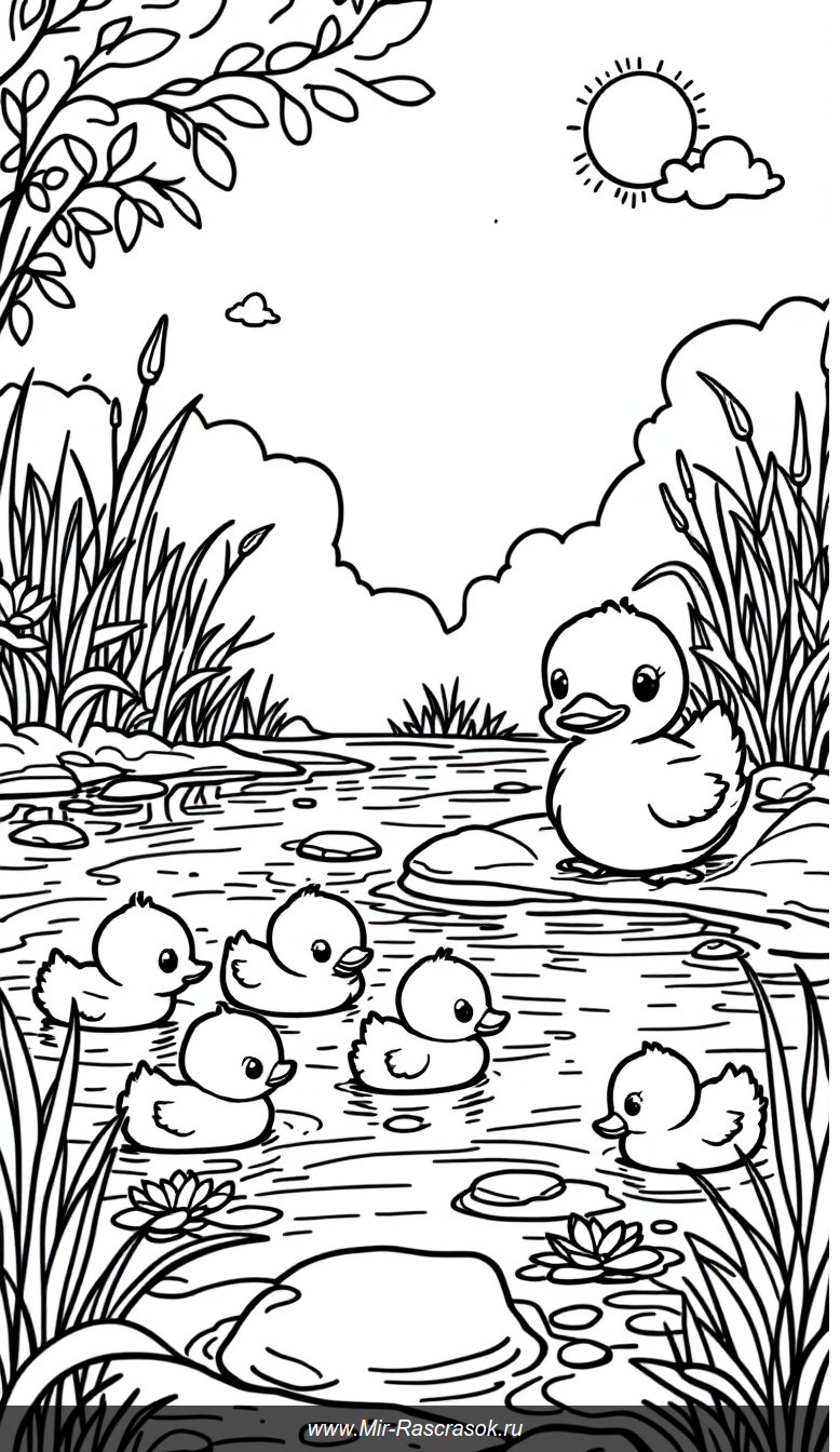 Веселые утята у пруда раскраска для самых маленьких