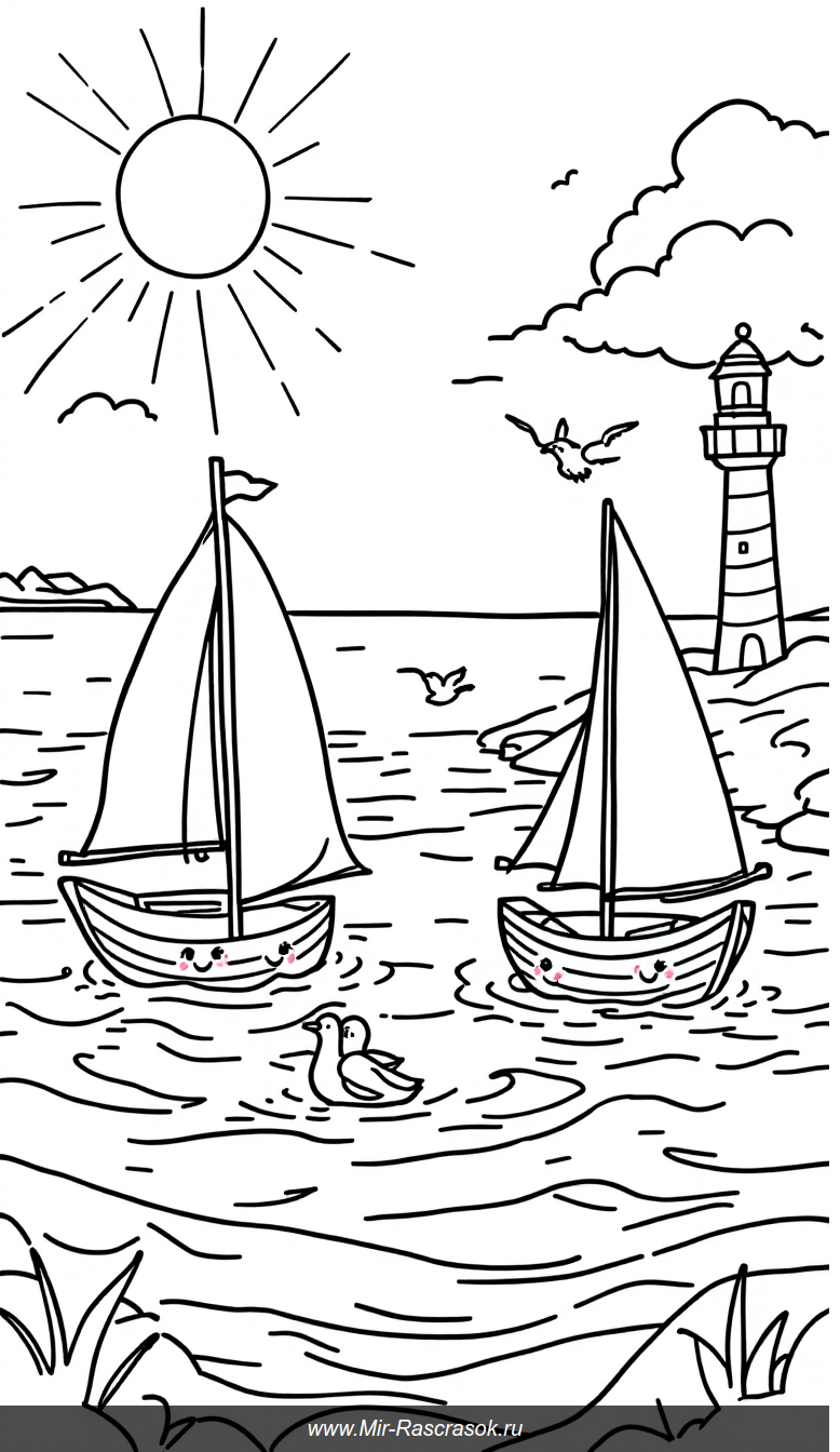 Раскраска море с парусниками и маяком для малышей