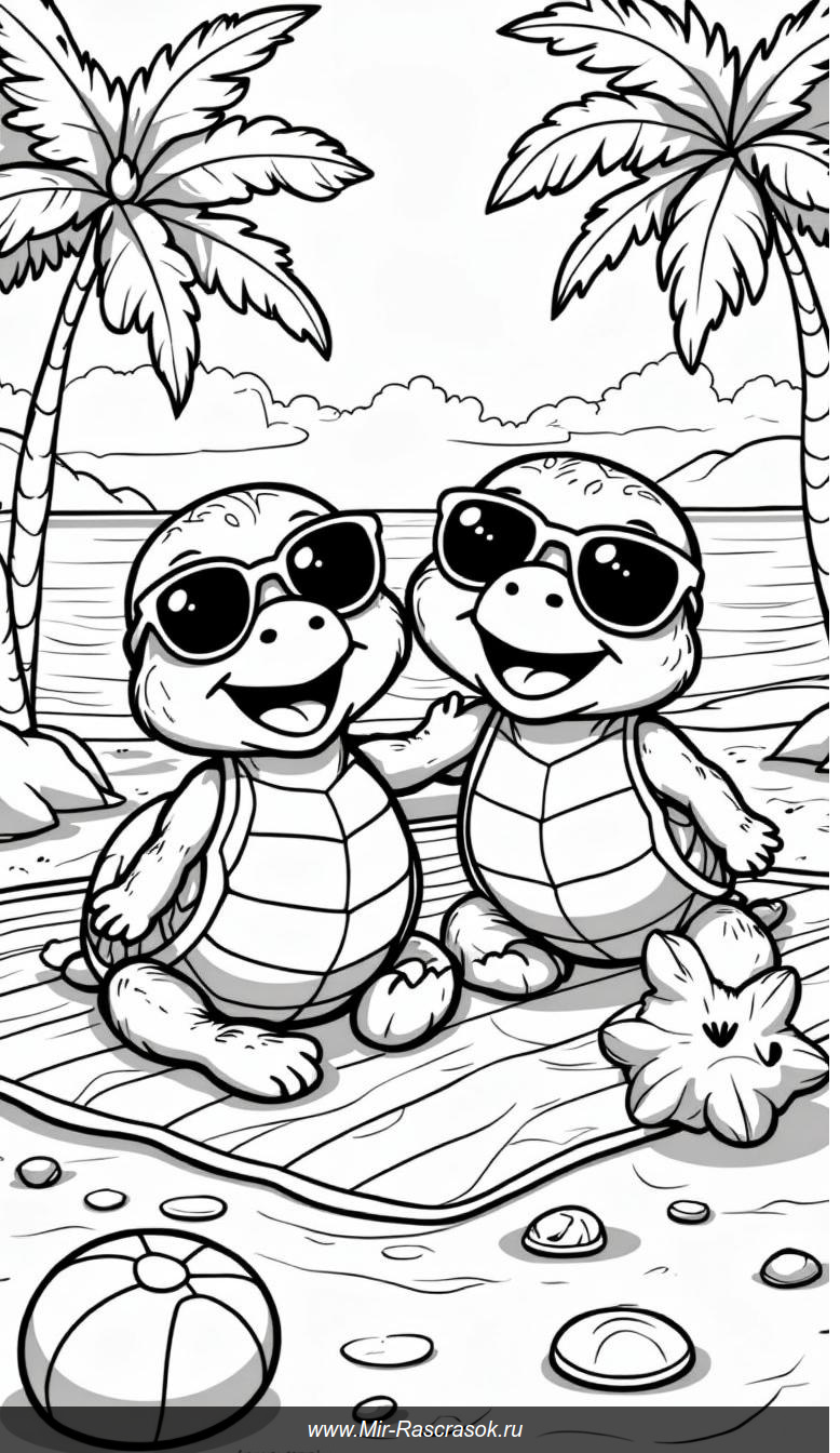 Радостный пляжный отдых черепах под солнцем и пальмами