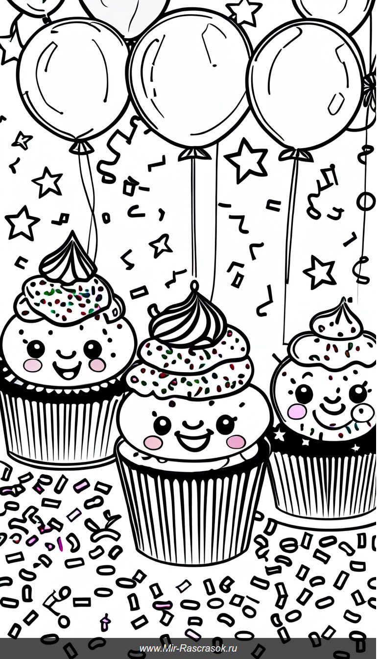 Сказочный праздник капкейков в чёрно-белой раскраске с улыбками и украшениями