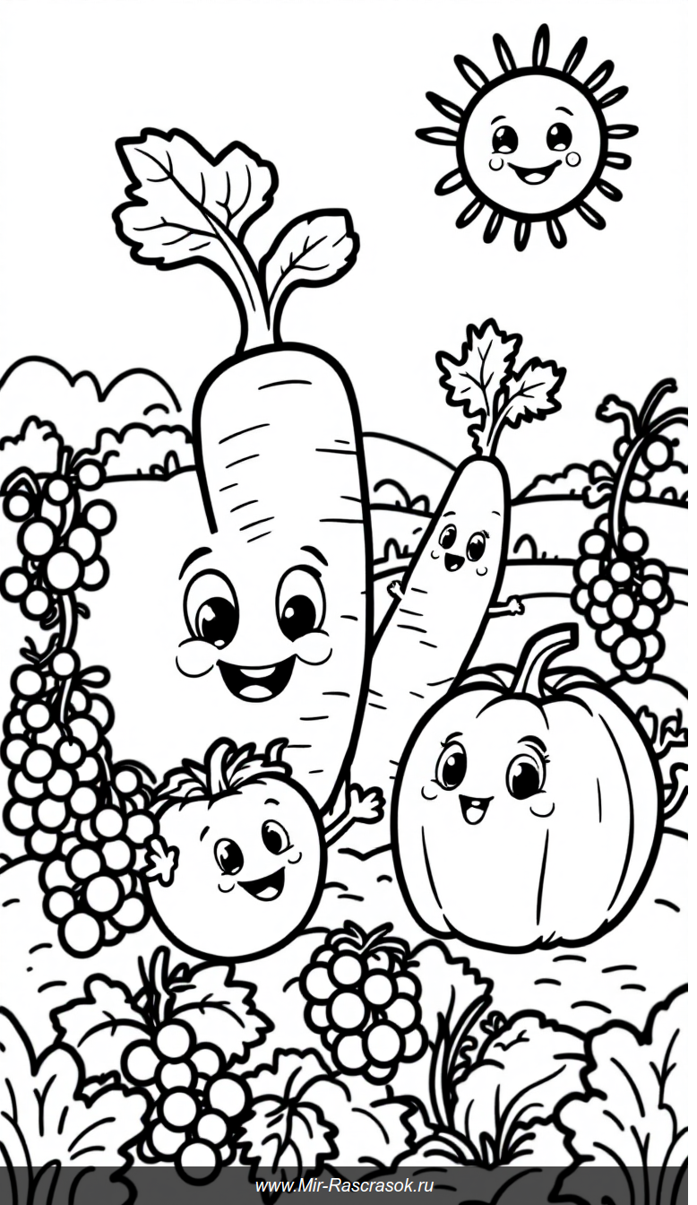Веселая раскраска с улыбающимися фруктами и овощами в саду