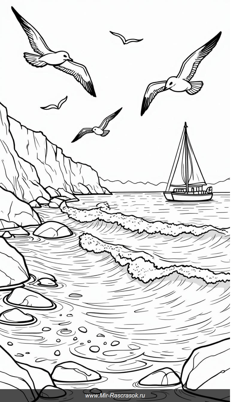 Морской пейзаж для раскрашивания: волны, скалы и чайки