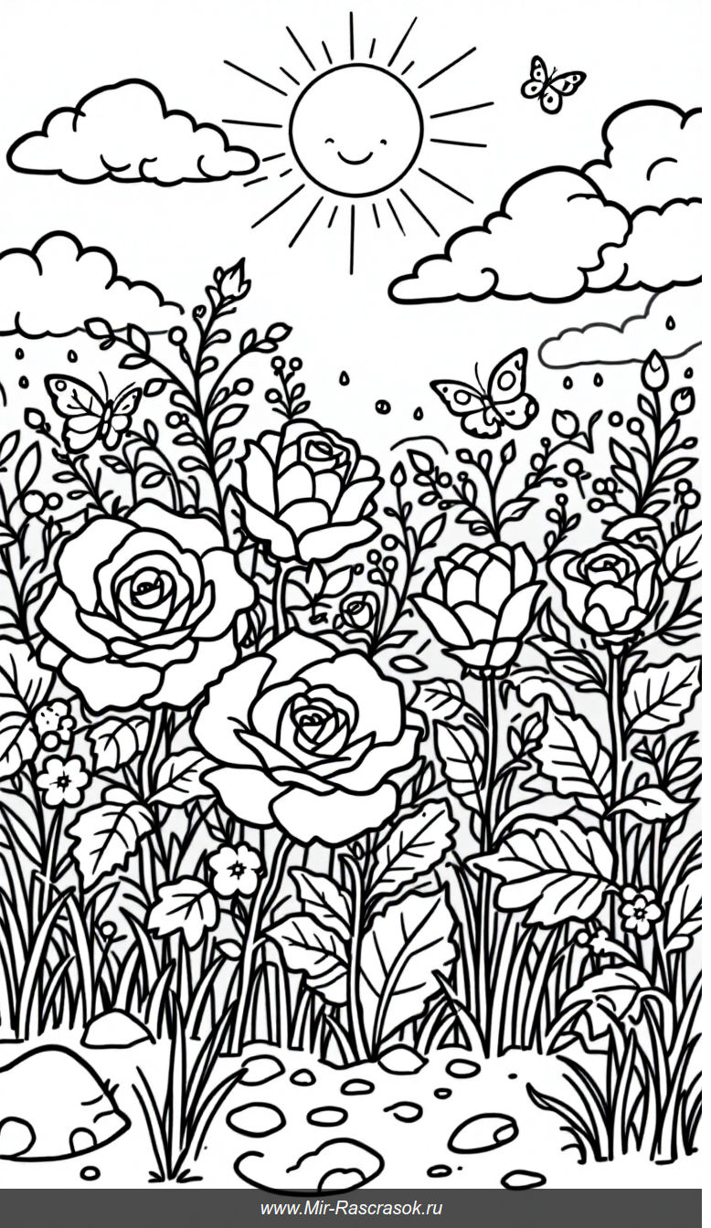 Веселая раскраска с розами бабочками и улыбчивым солнцем