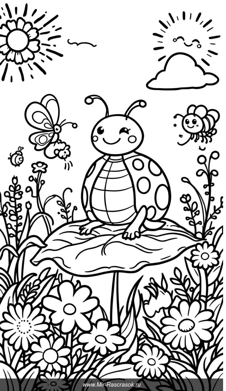 Веселый сад с дружелюбными насекомыми для детской раскраски