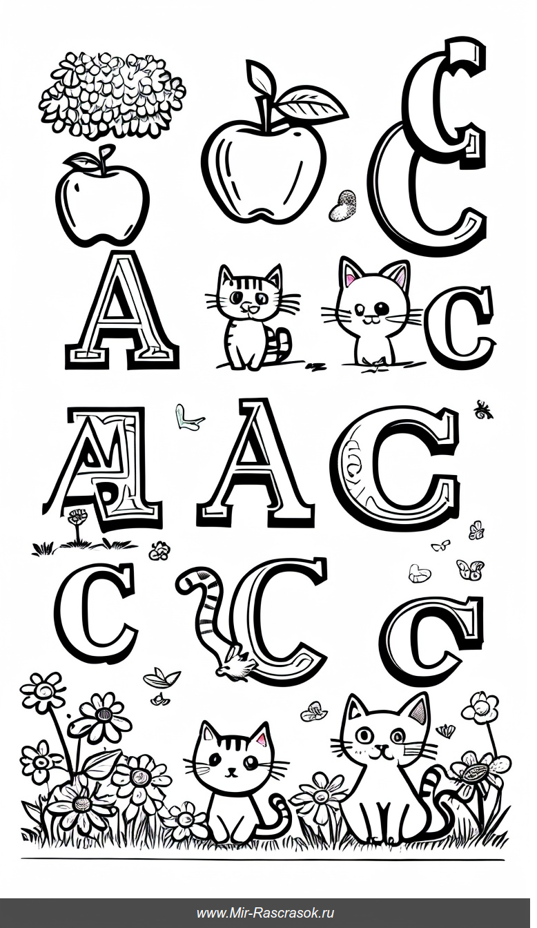 Весёлый алфавит в раскраске с животными и предметами в саду