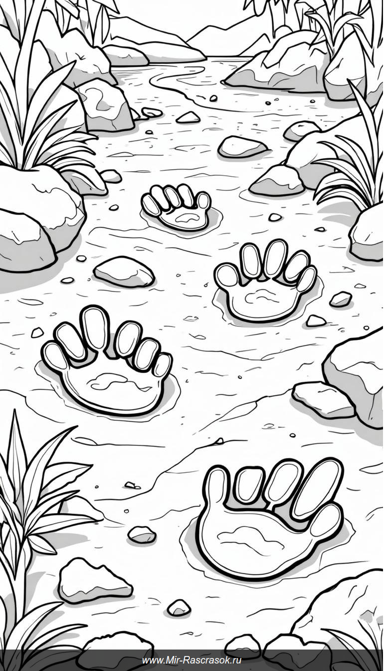 Следы динозавров среди трещин и папоротников