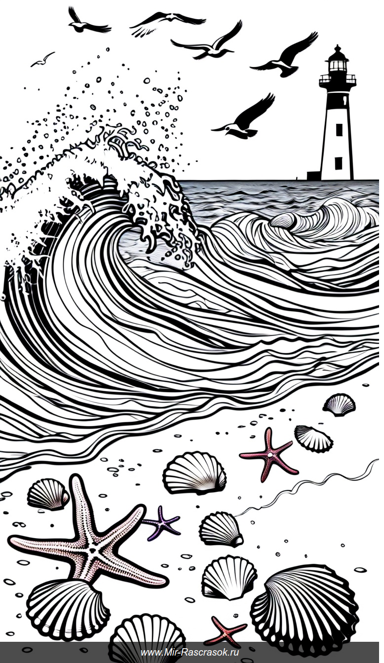 Черно-белая раскраска мощных волн моря с ракушками и маяком на горизонте