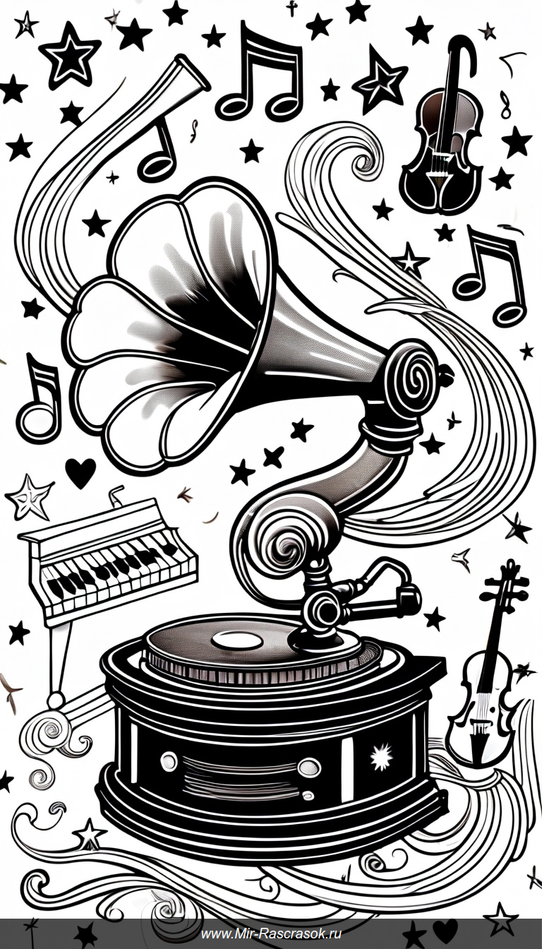 Волшебство музыки и нот в раскраске ретро граммофон и инструменты