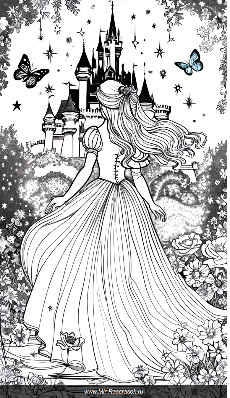 Раскраска с принцессой в волшебном саду у замка с бабочками и звёздами