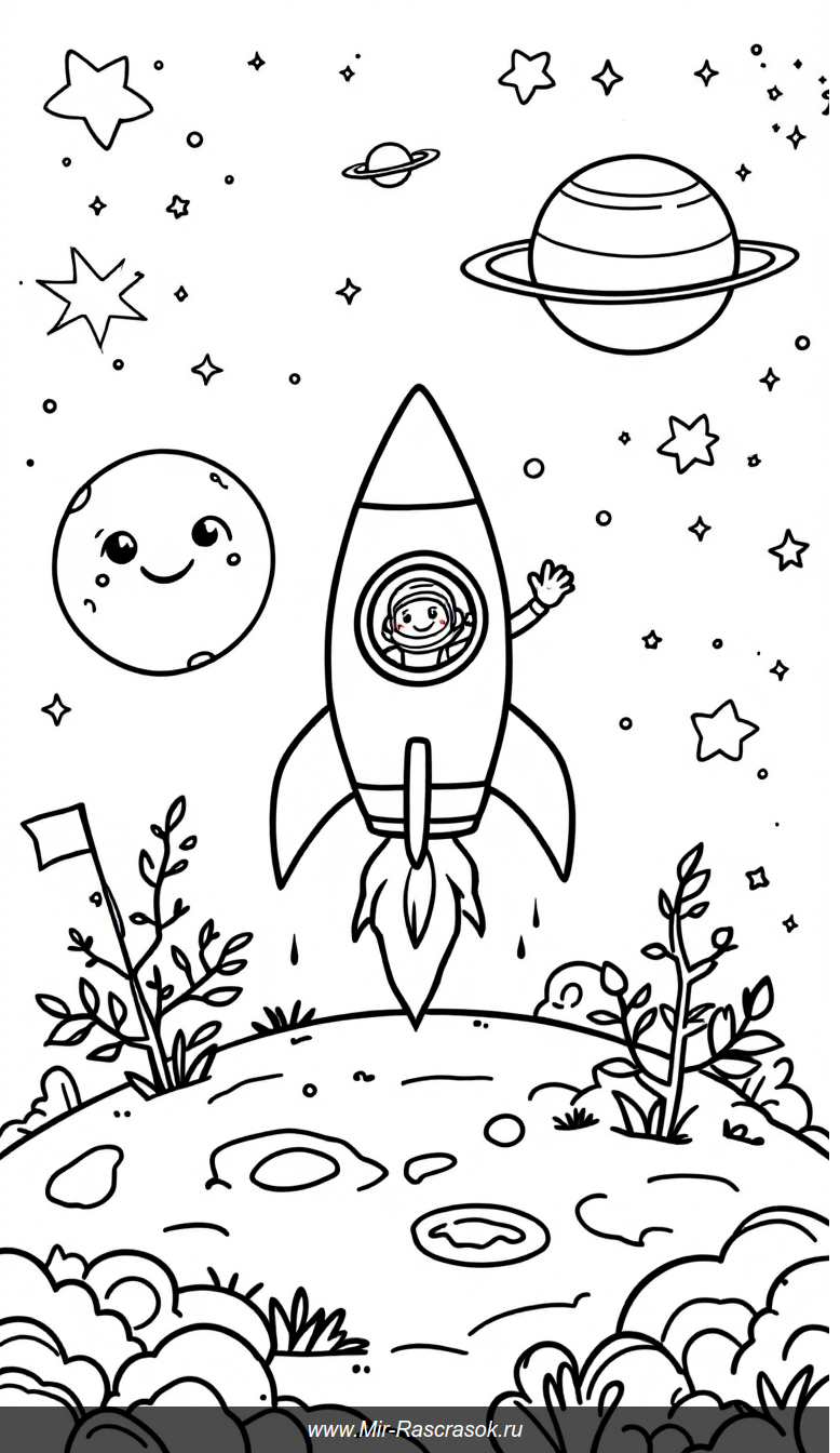 Весёлое космическое приключение раскраска для маленьких исследователей