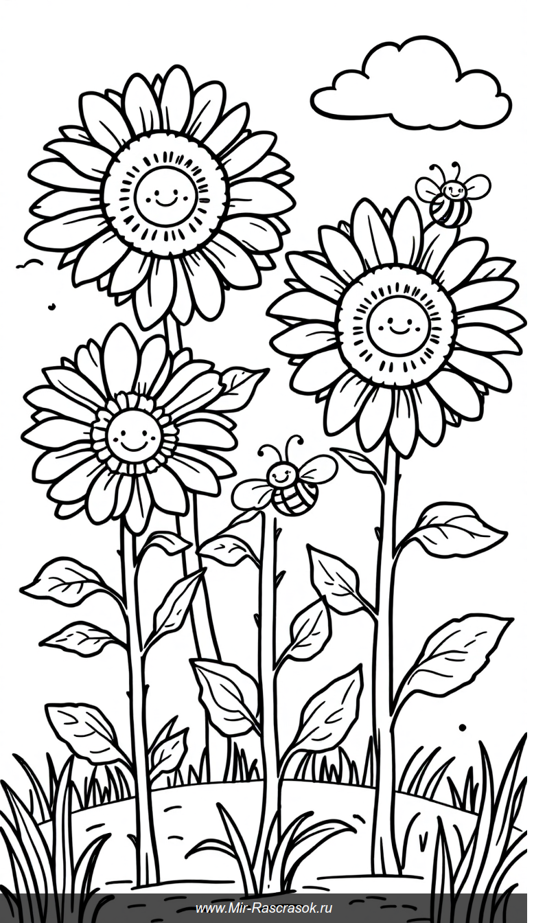 Солнечные подсолнухи и веселые пчелки для раскрашивания