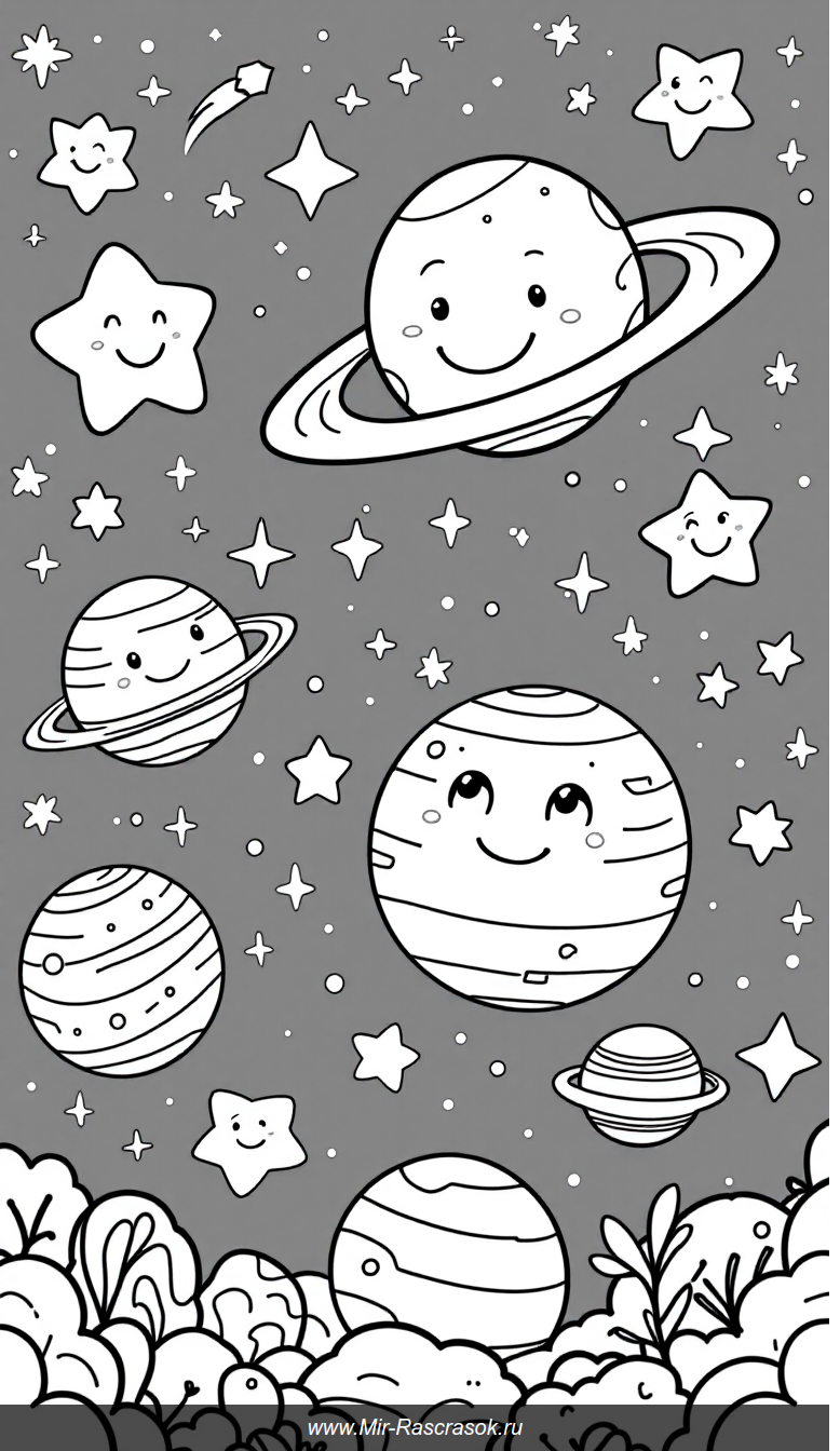 Веселая космическая раскраска для детей с улыбающимися планетами и звездами
