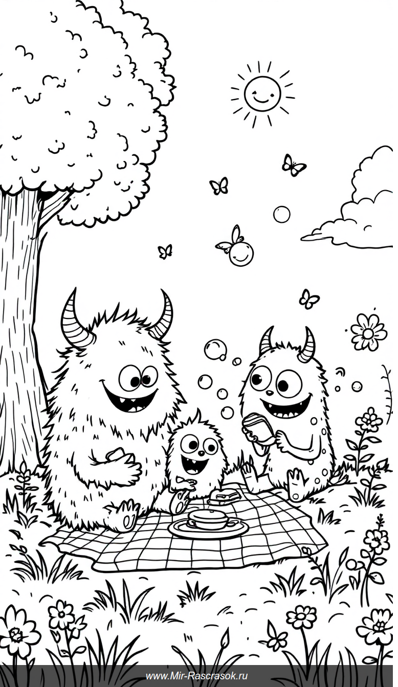 Веселый пикник дружелюбных монстриков для яркой детской раскраски