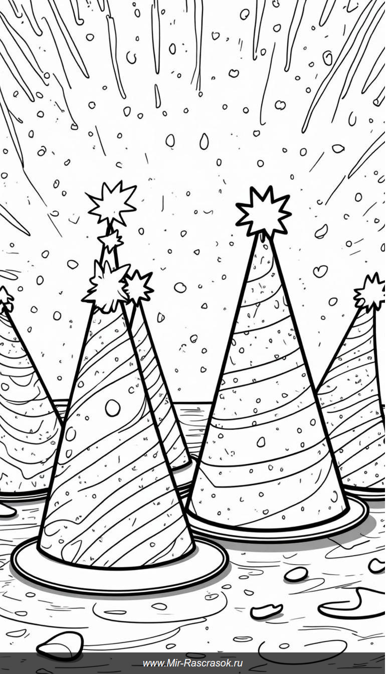 Раскраска праздничные шапки и конфетти