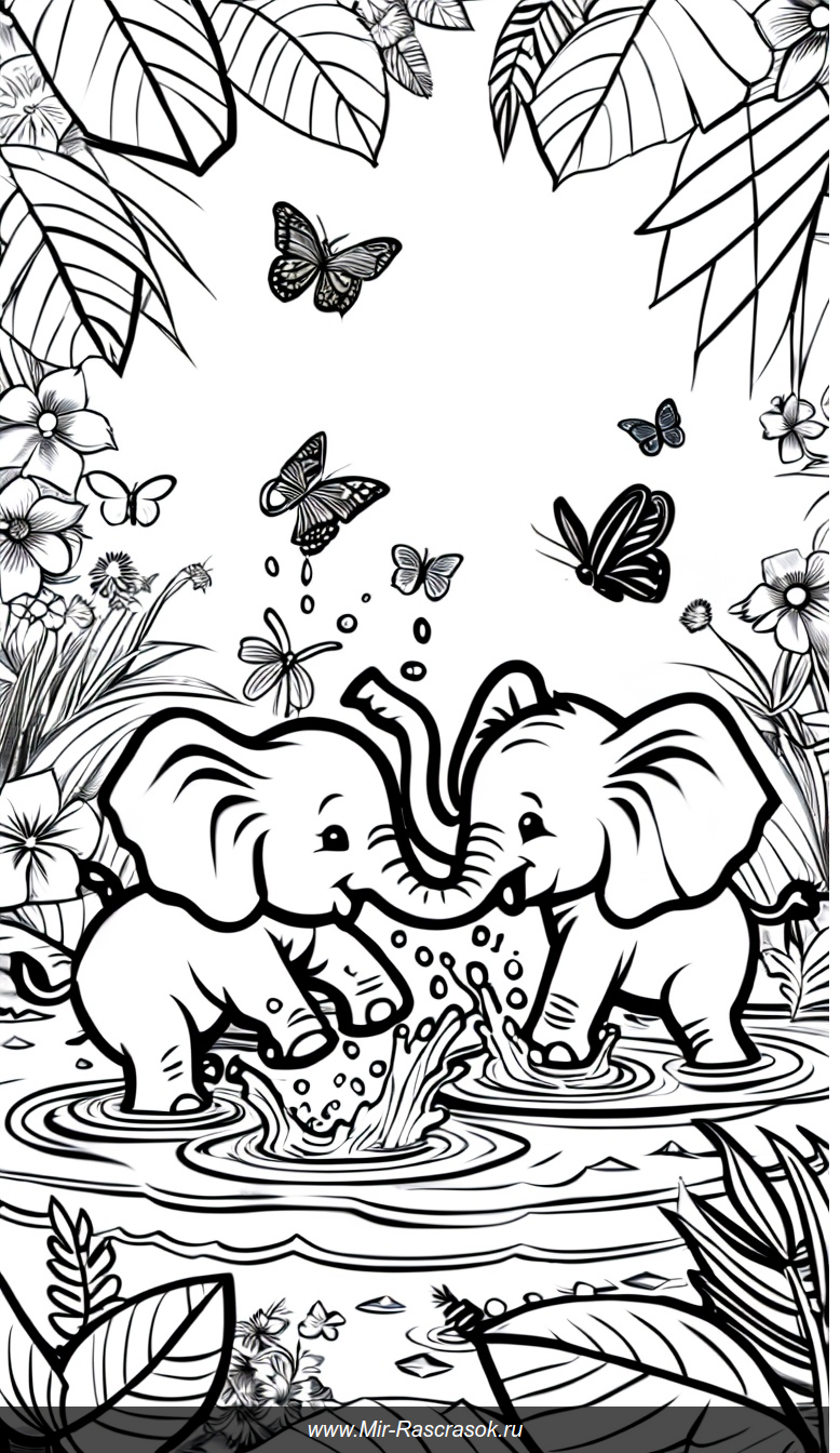 Раскраска с игривыми слонятами в тропическом лесу для творчества и радости