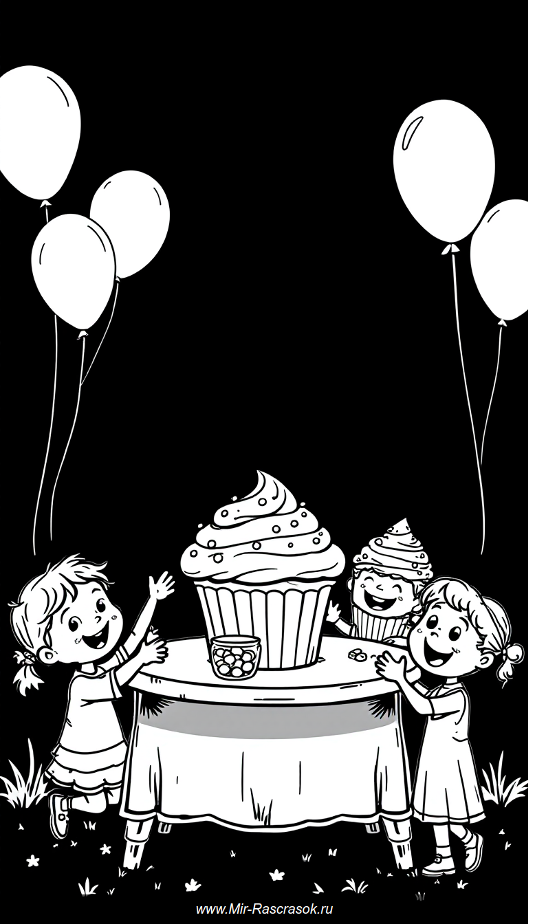 Веселая раскраска с тремя большими кексами и радостными детьми